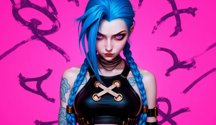 JinxA, a portrait of a stylized, JinxA character with a striking appearance. The character has long, vibrant blue hair styled in braids, and intense pink eyes that stand out against her fair skin. She wears a black leather top with crisscrossed straps and ...