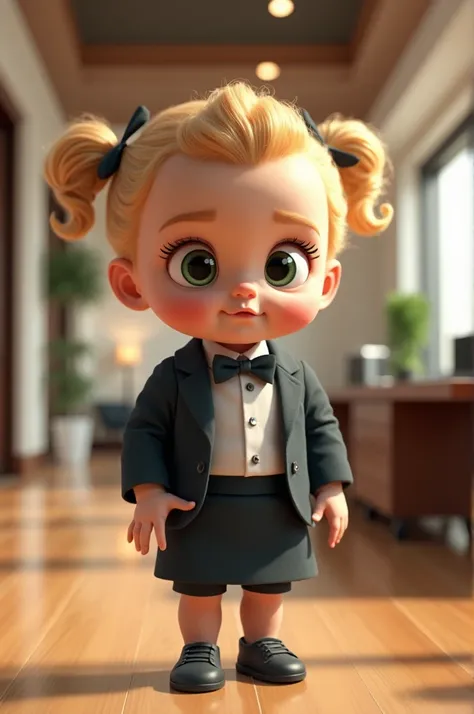 A cute and confident baby girl in a 3D-rendered style, with big, expressive green eyes and golden hair styled in soft curls or tiny pigtails. She wears an adorable yet professional mini business suit, complete with a blazer, skirt, and a stylish bow tie. H...