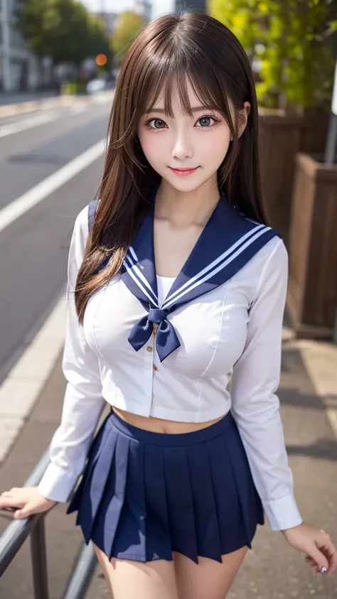 ((​masterpiece)), (( top quality)), photo,  4/5 upper body portrait,　sailor student uniform、the most beautiful girl, very slim、realistic、big round breast, detailed skin, detailed eyes, Bewitching goddess , sexy pantie 