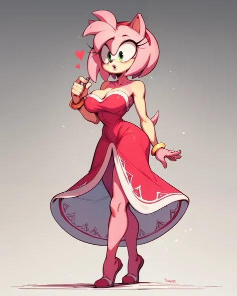 Amy Rose, heart shaped strapless dress with white trim on the top, large breasts, pink lipstick, full body view, by diives, 