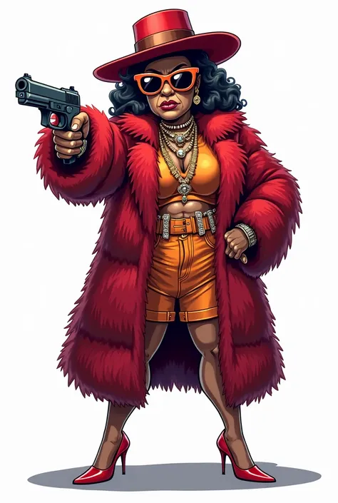 A black old fat female pimp, drawn in the art style of Rick and Morty. The character should be full-body, cartoonish, and exaggerated, wearing a flashy outfit with a large fur coat, oversized sunglasses, and a wide-brimmed hat. She has an angry facial expr...