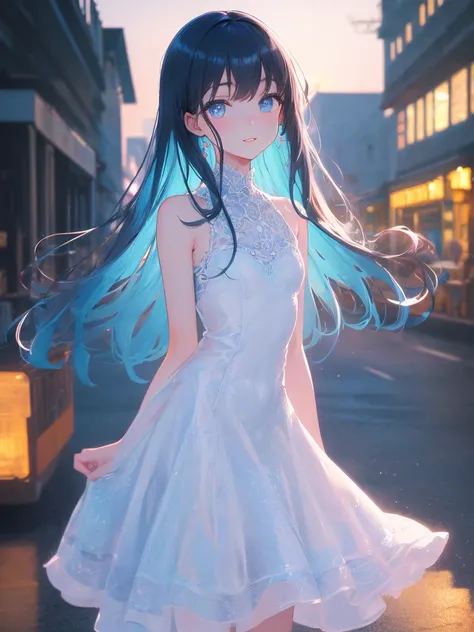 art by Cornflower,( masterpiece ),(4K), high quality,( perfect anatomy),(( behind the back of his arm)), flat chest, 1 girl, beautiful pastel blue hair , pale skin on a street car, beautiful smile,Beautiful detailed blue eyes , light blue dress, multi-laye...