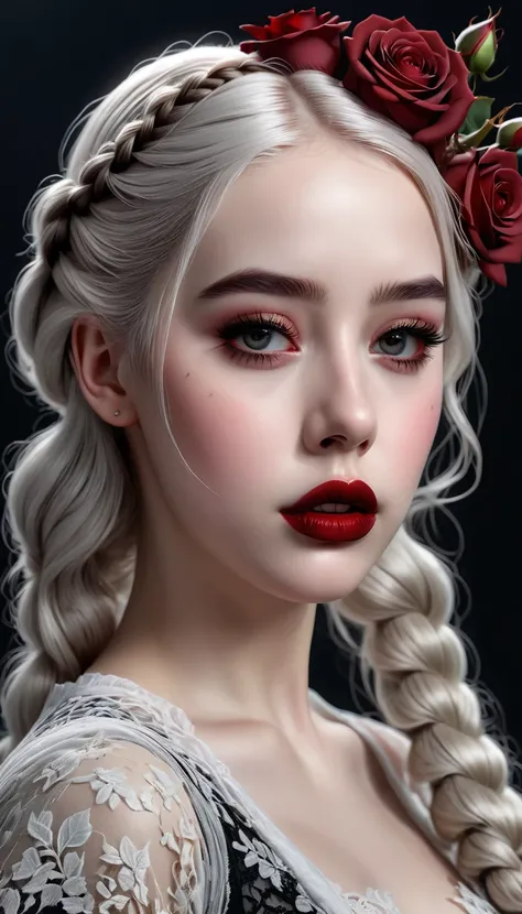 (best quality,4 k,8 k,higher ,masterpiece:1.2),ultra-detailed,(realistic,photorealistic,photo-realistic:1.37),gothic art,girl ,lace dress ,thorny rose, l, very cute girl in the dark Red lips, delicate nose luxuriant eye lashes glossy lips, gueen crown 👑, t...