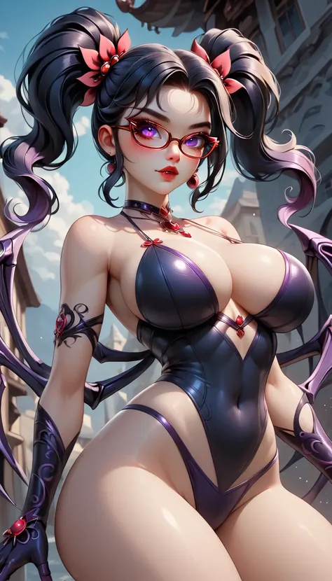 score_9, score_8_up, score_7_up, 1girl, Ultra cute, ultra sexy, ultra feminine, ultra curvy, ultra bouncy, perfect eyes, perfect face, large breasts, ((Busty Bitches)), ((spider girl)), bikini, pigtails, glasses, colourful jewellery , sinister expression, ...