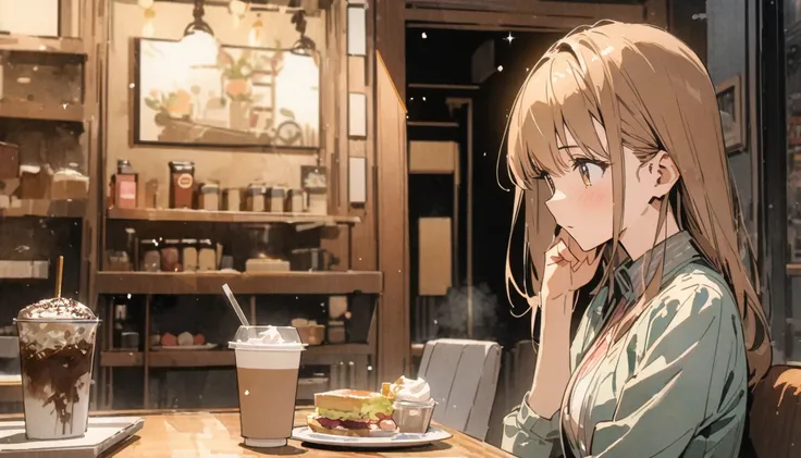  Masterpiece,最 high quality,very well detailed , high res background,8k, There's nothing there , high quality,break, Japanese manga style ,  sketch, Watercolor colors, Cafe, antique interior, stylish interior ,Working woman in her 20s 、Slightly sunken 、Anx...