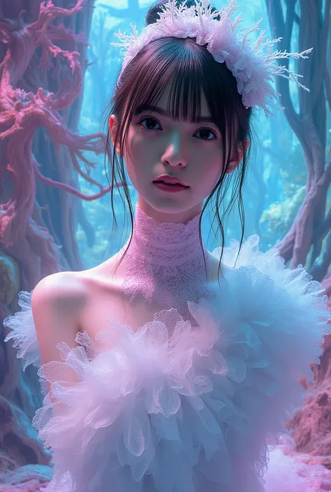 Image of Japanese psychedelic girl, Ombre color scheme of neon pink, neon blue, neon yellow, neon green, neon orange, neon purple, psychedelic style, (full body shot), beautiful shiny white rich galactic prima ballerina, clown, core, Russian cyborg college...