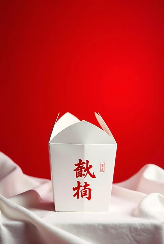 A Chinese food box , covered above with a white fabric and a red background
