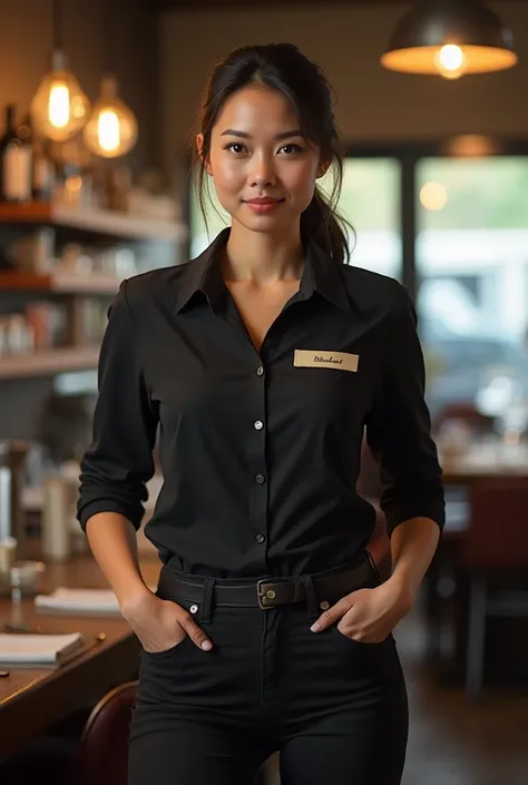 A woman working at a restaurant, skinny black jeans and a black shirt with the restaurant’s logo on the top left corner and her name tag on the right side, her hair tied up in a low pony tail 