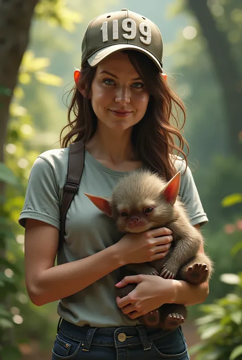 make her wearing casual outfit and use a cap "1199" written on it, holding a baby mountain troll , 4k, best graphics, long exposure