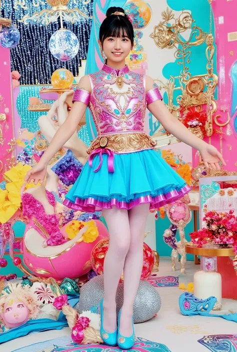 Image of Japanese psychedelic girl, Ombre color scheme of neon pink, neon blue, neon yellow, neon green, neon orange, neon purple, psychedelic style, (full body shot), beautiful shiny white rich galactic prima ballerina, clown, core, Russian cyborg college...