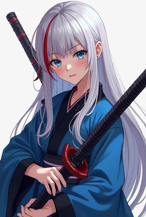 A girl wearing a blue and black kimono,  she has only one left eye with the color blue, She has an eye slap in her right eye , She is 168 tall and has the accent of a Japanese samurai using the Yamato katana from Devil May Cry with a pose about to use it w...