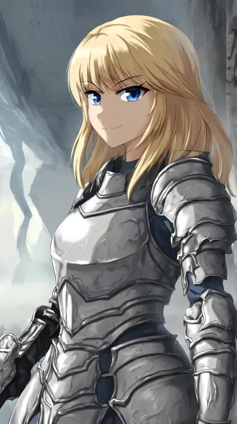 one woman, Height,short blonde, blue eyes,simple silver-colored armor,Hand guard,Lord God's indoor background,god々Shii,serious smile, waist up