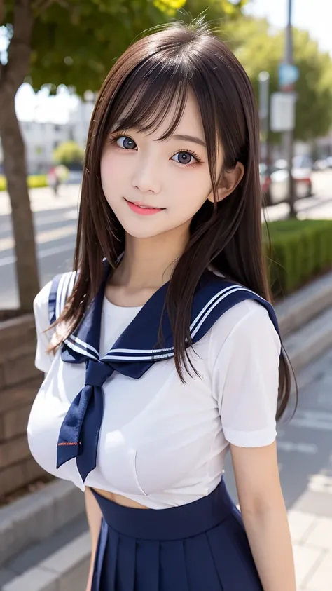 ((​masterpiece)), (( top quality)), photo,  4/5 upper body portrait,　sailor student uniform、the most beautiful girl, very slim、realistic、big round breast, detailed skin, detailed eyes, Bewitching goddess ,fluttering short skirt, beautiful vzone 