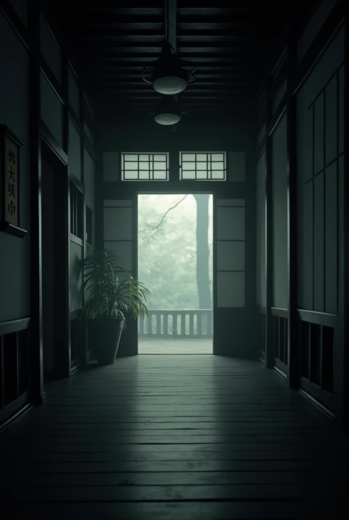 hello, Please create the interior of a hallway in a classic Japanese style house, with a gloomy atmosphere 