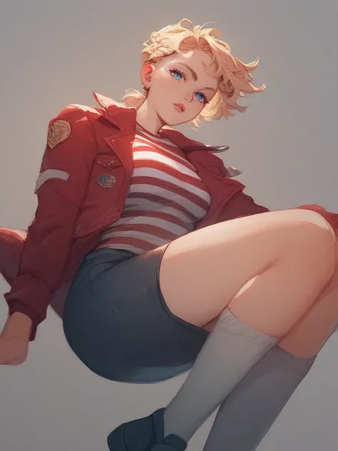 1 girl, blue eyes,  short blond hair red shirt,  red jacket , striped shirt, Pencil skirt, socks,  tilted forward 
