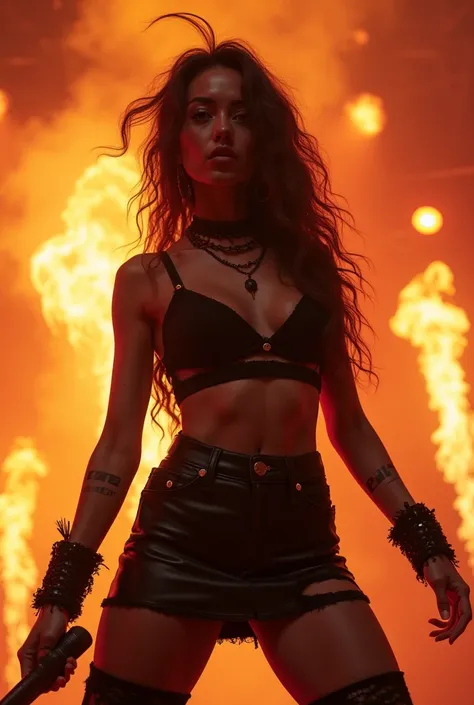 Rock girl in black ripped dress, on stage music and fire behind her