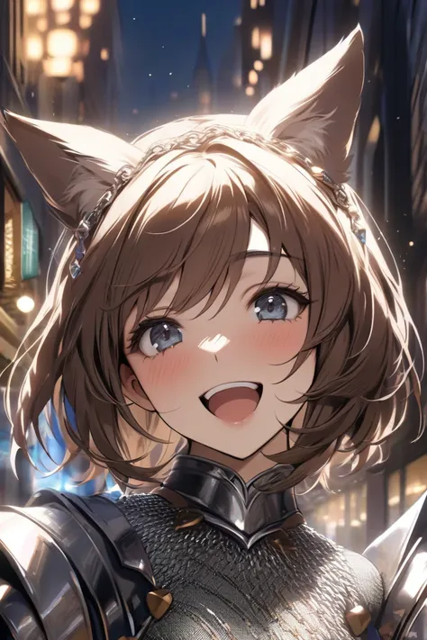 top quality, masterpiece,  high resolution, 8k, (1 girl ), Alone, (((face shot))),  brown short hair, Beautiful Girl with Dog Ears, In the city of fantasy ,  droopy eyes , smile,  Chainmail Armor , Open your hands, Open your mouth and rejoice 