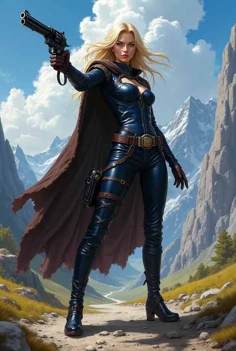 In RPG style, in style of Warhammer 40000: Rogue Trader, in style of fantasy painting. Full body view, looking at the viewer. Image of a female aristocrat psyker, wielding a black revolver. Blonde hair. Tight dark leather armor with dark blue elements. Dar...