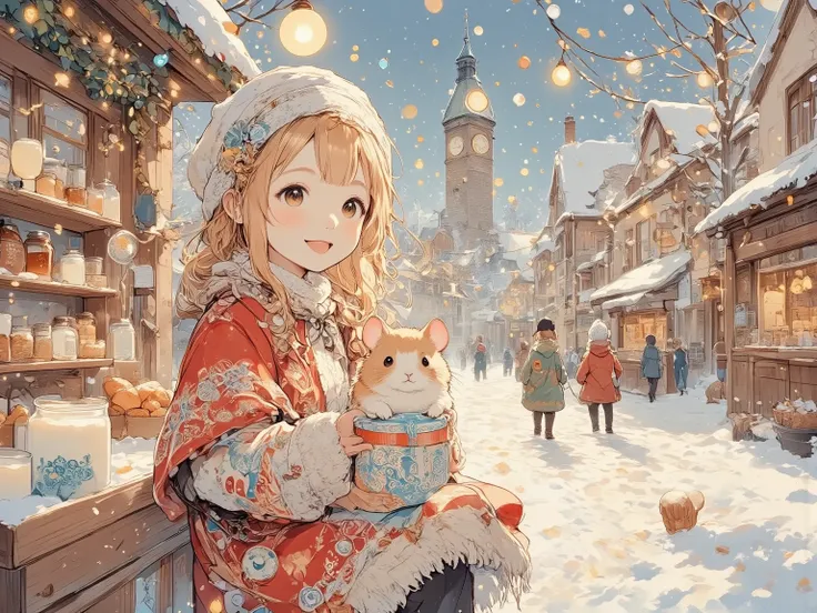 (On a snowy day, amidst the frosted landscape of a quaint Nordic town, sits a young girl whose vibrant spirit cannot be dimmed by even the harshest of winters. Dressed in a cape of cherry red, adorned with intricate embroidery depicting tales of old, she e...