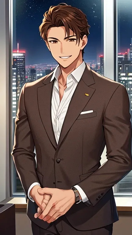 A confident and dependable man in a business suit. Modern office at night, illuminated by warm interior lighting and the soft glow of the city skyline through large windows. He is smiling warmly as he greets someone. He has brown hair and brown eyes, with ...