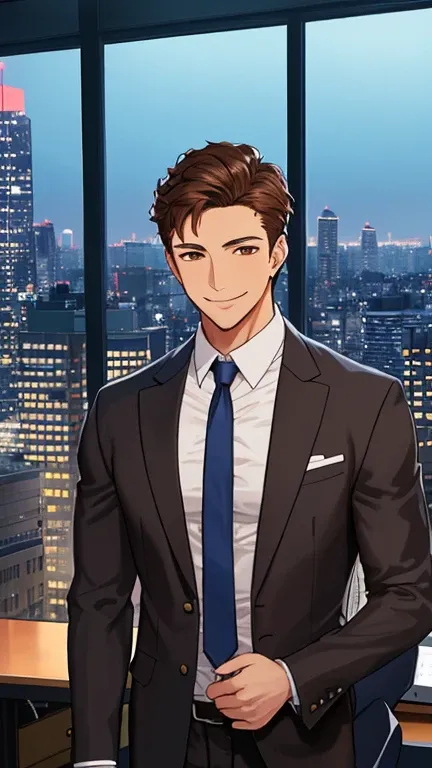 A confident and dependable man in a business suit. Modern office at night, illuminated by warm interior lighting and the soft glow of the city skyline through large windows. He is smiling warmly as he greets someone. He has brown hair and brown eyes, with ...