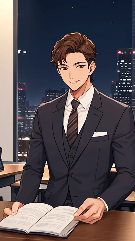 A confident and dependable man in a business suit. Modern office at night, illuminated by warm interior lighting and the soft glow of the city skyline through large windows. He is smiling warmly as he greets someone. He has brown hair and brown eyes, with ...