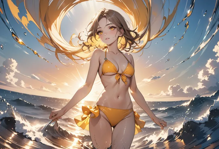 Vibrant oil painting. Medium shot. A young woman in a bright yellow bikini stands on the deck of a luxurious yacht, set against a breathtakingly beautiful sunset on the horizon, with crystal blue waters and a splash of ocean spray. Soft focus. Warm golden ...