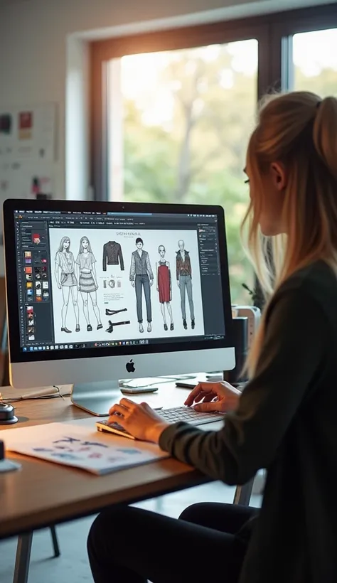 fashion design program on pc, on screen, some sketches, morning