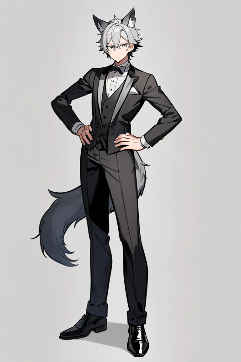 A boy, silver eyes, short silver hair with black tips, gray and white tuxedo, black dress shoes, gray wolf ears, wolf tail, hands on his hips