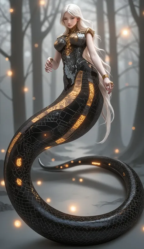 Create an image of a snake woman. She has a human upper body, with long flowing hair and an elegant, graceful expression. Her eyes are sharp and captivating, with a slight glow. Her lower body transforms into that of a large, coiling serpent, its scales gl...