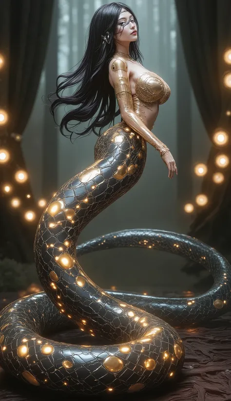 Create an image of a snake woman. She has a human upper body, with long flowing hair and an elegant, graceful expression. Her eyes are sharp and captivating, with a slight glow. Her lower body transforms into that of a large, coiling serpent, its scales gl...