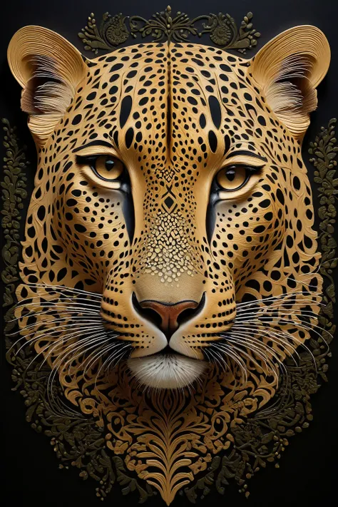 A highly stylized and abstract representation of a leopard's face with intricate patterns and designs resembling its spots. The background blends dark and light colors, hinting at a natural habitat. The image conveys a sense of mystery and elegance, inviti...