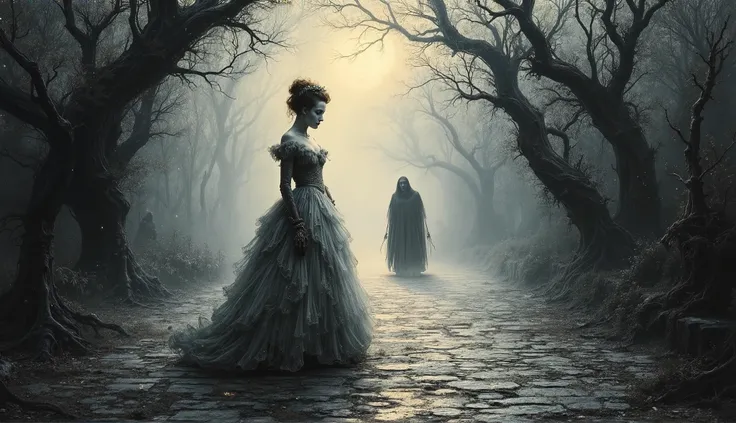 A pale noblewoman from centuries past, her intricate period dress flowing as she stands on a moonlit cobblestone street. Dark trees frame the path, their skeletal branches twisting under a spectral glow. A shadowy silhouette lurks in the background, half-h...