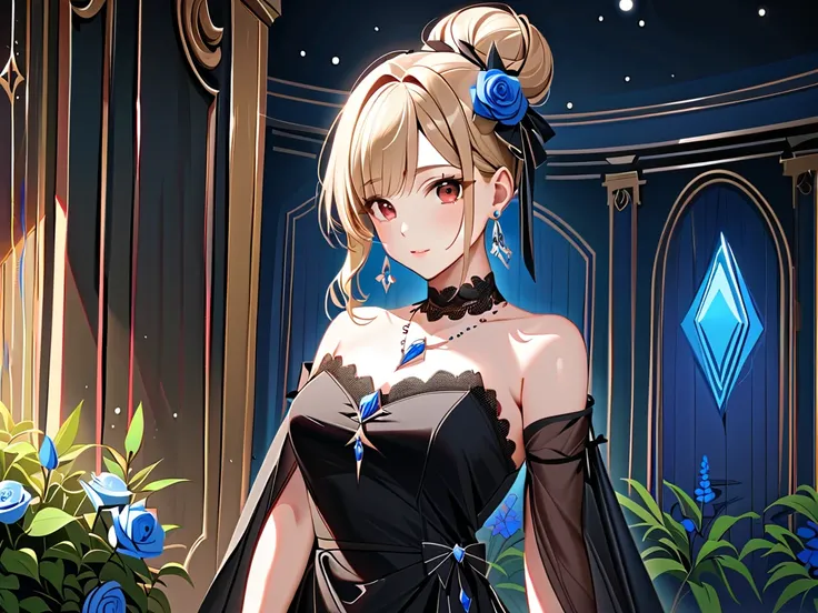 (( Masterpiece)), ((  top quality )), ( very well detailed ), (( very well detailed )), 4K, (8k),    very aesthetic  ,  High Resolution and Absurd,   1 female ,   mature woman,   perfect anatomy,   dress,  alone,  blond,   red eyes ,   Hair Accessory , gem...