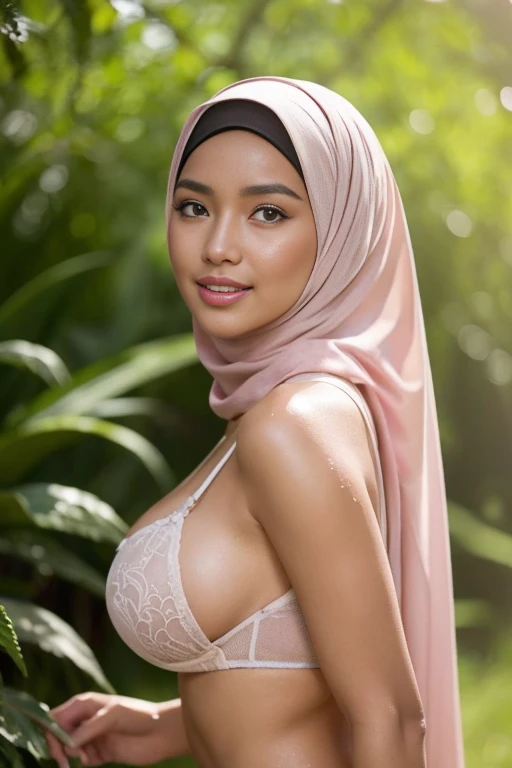   A beautiful woman wearing a hijab lying in a muddy paddy field  , wearing a bra ,  mini year ,   with wet body  ,  and big boobs  .   The woman's face is glowing and covered in sweat  ,  with a dazzling smile .   Her eyes are sparkling and beautiful  ,  ...