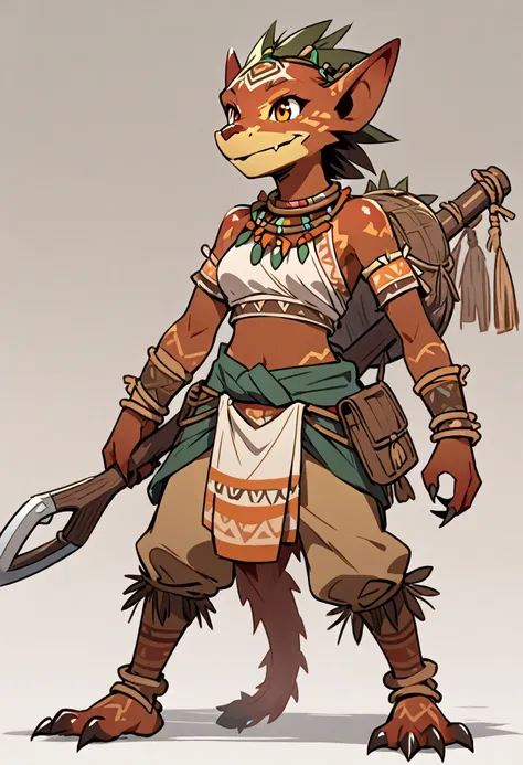  solo female, brown skin, brown scales, (((Kobold)), (detailed kobold)) wearing a adventure equipament , a tribal clothes , character design, 