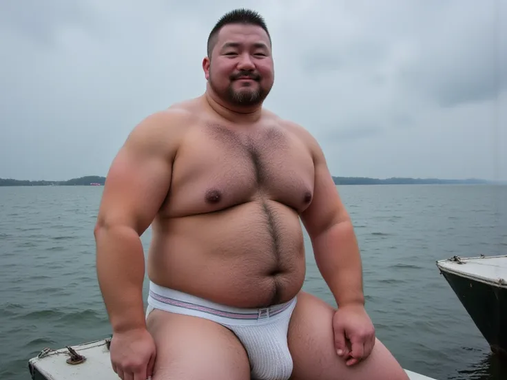  fat man、50 years old、Fat、fat、 Japanese、 Asian、 white socks、Rubber boots、naked、Glasses、 torsion headband、fishing竿、fishing、 jockstrap、Nipples、Body hair、maritime、On a fishing boat、 super detailed、 anatomically correct、smile