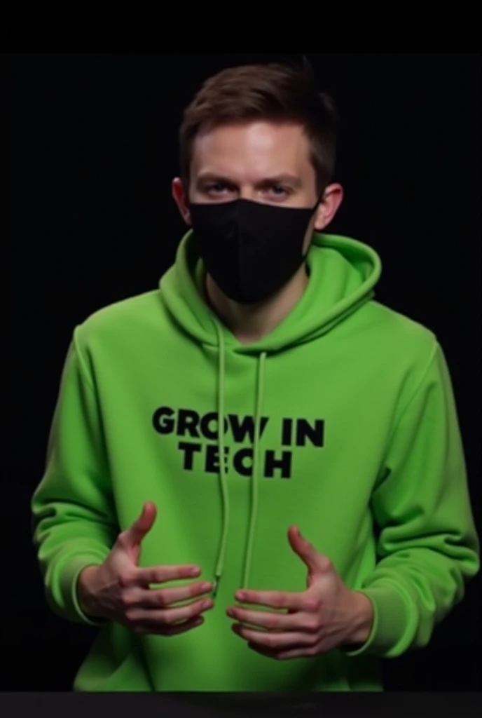 A young man is seen sitting in front of a gaming or tech setup. He is wearing a bright green hoodie with "GROW IN TECH" written on it. His face is covered with a black mask, and he is gesturing with his hands as if explaining something or speaking for a vi...