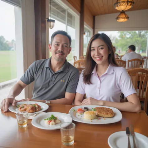 highest quality, detailed ***** Thai******* girl, photorealistic , Extremely Detailed , Clear focus， very beautiful Thai woman. She wearing a sexy golf costume and eating with a man at a golf course restaurant. The man is a Korean man in his 60s sitting si...