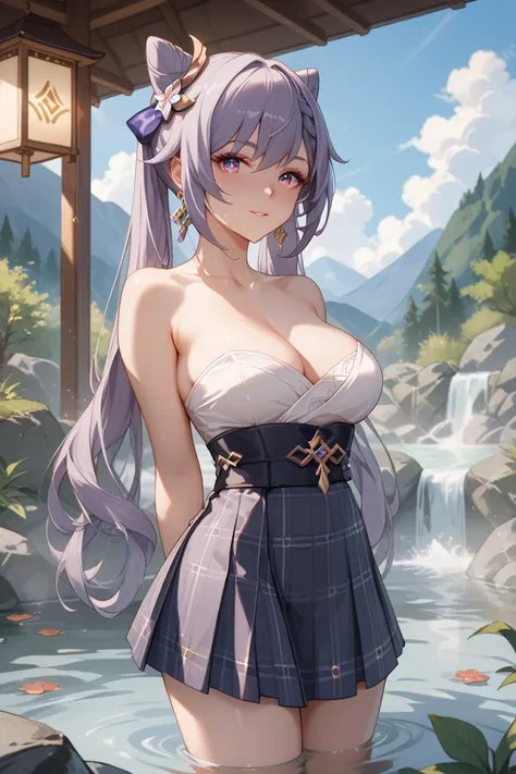 Imagine Ke Qing from Genshin Impact, in hot springs, her body is covered by a kilt, without a skirt,  Her hands behind her back are out of sight, she stands with her chest forward 