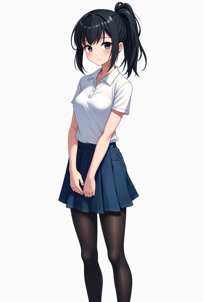 A girl (appearance: Short black hair with an intertwined ponytail, pale skin,  black eyes,  Athletic physique ,  Medium Breasts)( Apparel:  white polo shirt, blue denim skirt ,  black pantyhose , mini black ankle boots) ( full body view)  Illustration, Ani...