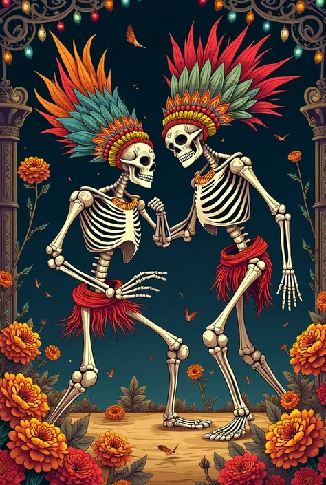 Illustration that looks like a drawing inspired by the Day of the Dead, The Mexican gods of Mictlan and in wrestling, with elements from the Day of the Dead 