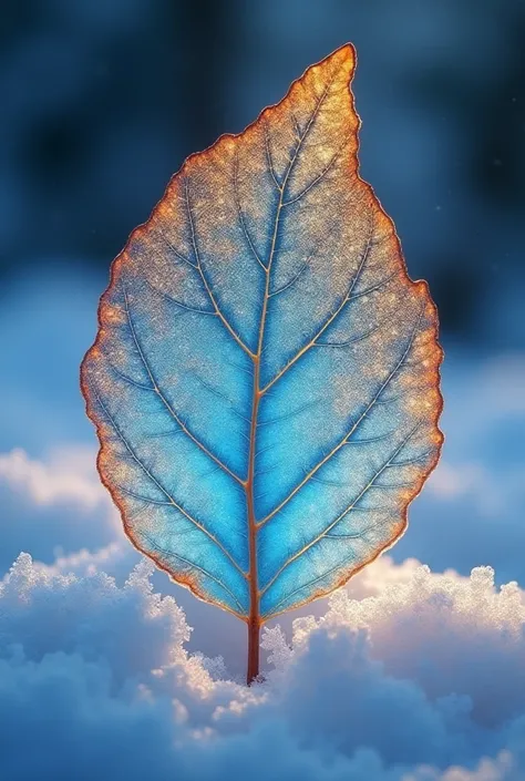 A translucent leaf shaped from glacial hues glimmers against a snowy backdrop, its edges aglow with warm, golden light that contrasts the cool blue interior. Fine veins crisscross the delicate surface, capturing the essence of beautiful leaf art aesthetic ...