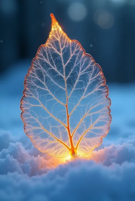 A translucent leaf shaped from glacial hues glimmers against a snowy backdrop, its edges aglow with warm, golden light that contrasts the cool blue interior. Fine veins crisscross the delicate surface, capturing the essence of beautiful leaf art aesthetic ...