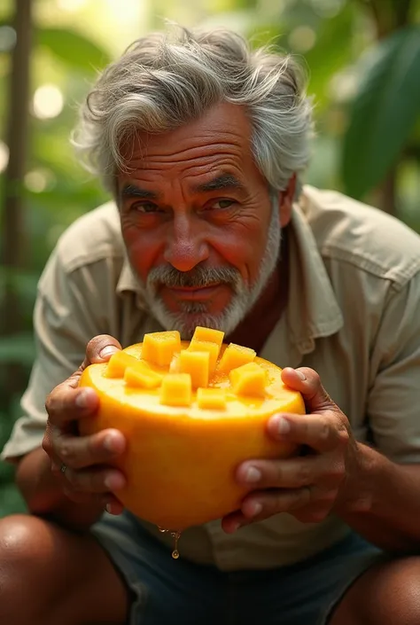 A man eating a big mango