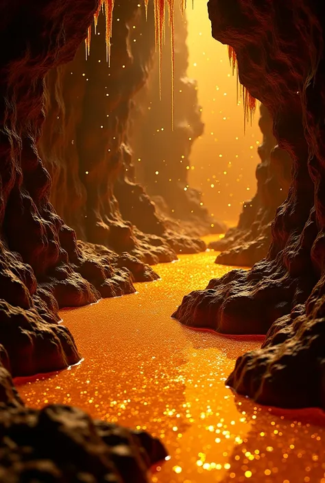 In a cavern’s dark heart, pools of golden liquid spread across rocky basins like captured constellations. Dripping stalactites shine overhead, dripping molten luminescence onto rippling surfaces that inspire fantasy magic spells art illusions. Countless tw...