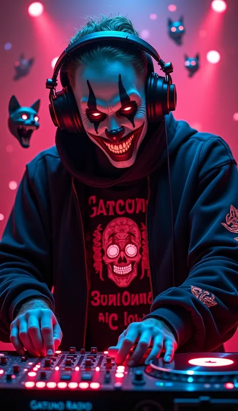  This image presents a sinister DJ with a cyberpunk and neon aesthetic .  here's a detailed description :

Main character (The Clown DJ )

face:  O The clown has a menacing face with a big sinister smile and sharp teeth .  His eyes shine in a deep red tone...