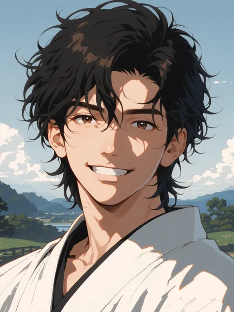 Man with long black hair, brown eyes, dark, handsome face, wearing Japanese retro clothes, silhouette, smile, Open your eyes,  bitter brow ,  horizon,  Hair Jewelry, Ukiyo-e paintings,  Anime, 