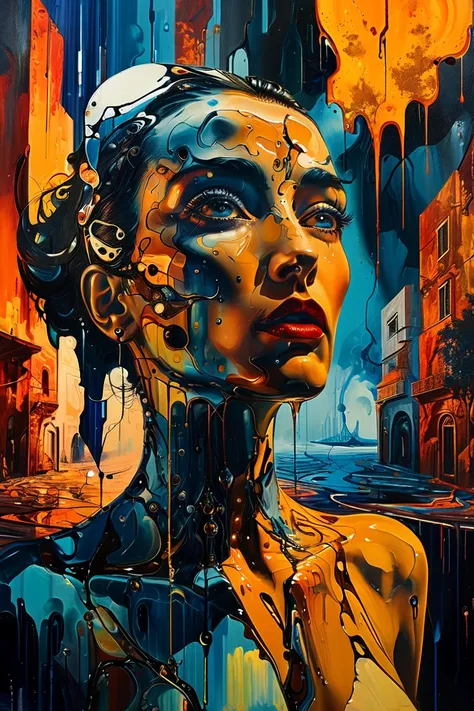 surrealist painting by Salvator Dalì, striking and futuristic cyberpunk woman portrait, sci-fi environment, dripping, melting, sci-fi intricate background, cosmic blue and ochre, night vibe, cinematic lights, photorealistic masterpiece