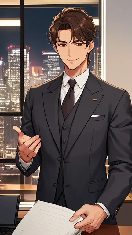 A confident and dependable man in his 40s wearing a well-tailored business suit. Modern office at night, illuminated by warm interior lighting and the soft glow of the city skyline through large windows. He is smiling warmly as he greets someone, exuding a...